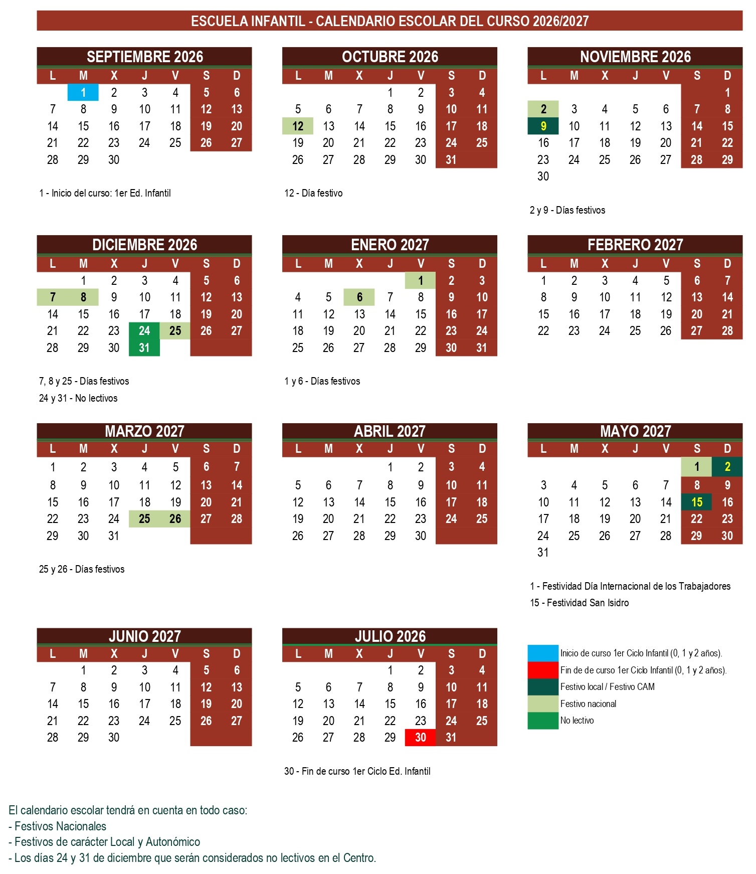 CALENDARIO ESCOLAR 1ER CICLO 2026-2027