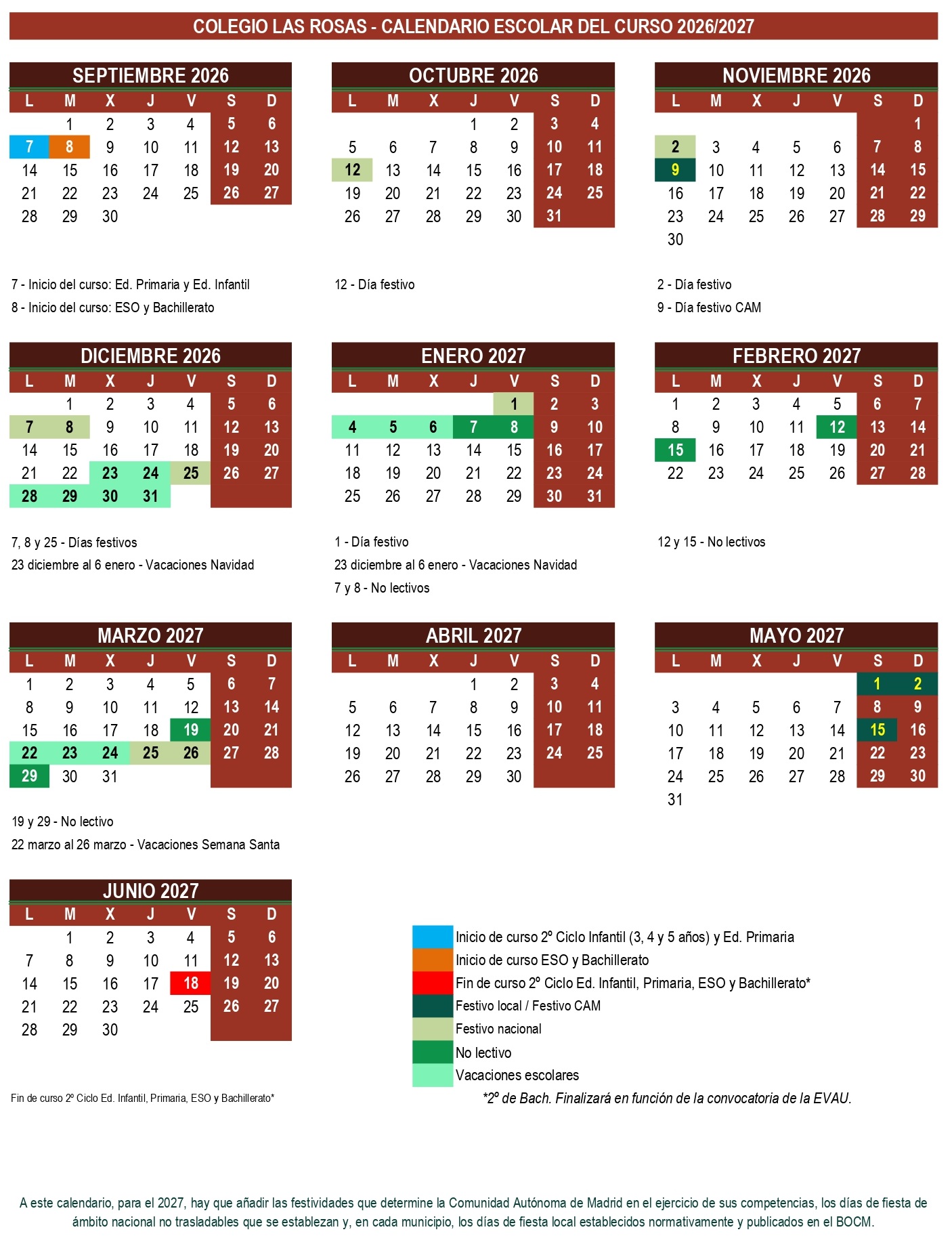 CALENDARIO ESCOLAR 2026-2027